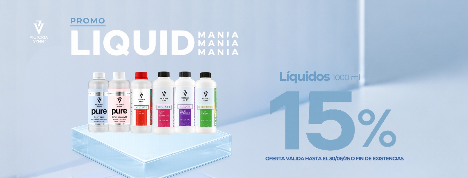 Líquidos profesionales Victoria Vynn 1000 ml en promoción para preparación, limpieza y retirada de uñas